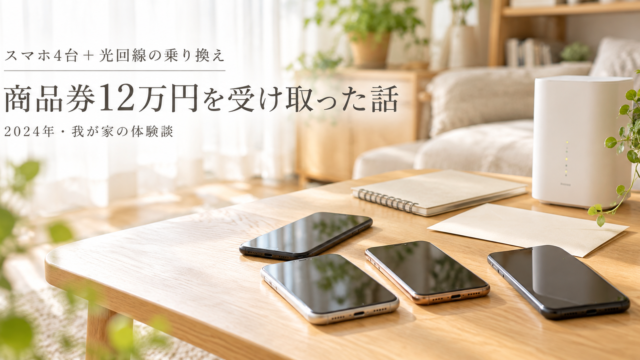スマホ4台と光回線の乗り換えで商品券12万円｜我が家の体験と注意点